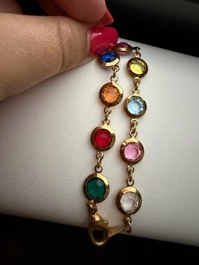 Vintage Gold-Tone Multicolor Crystal Station Bracelet marked Korea